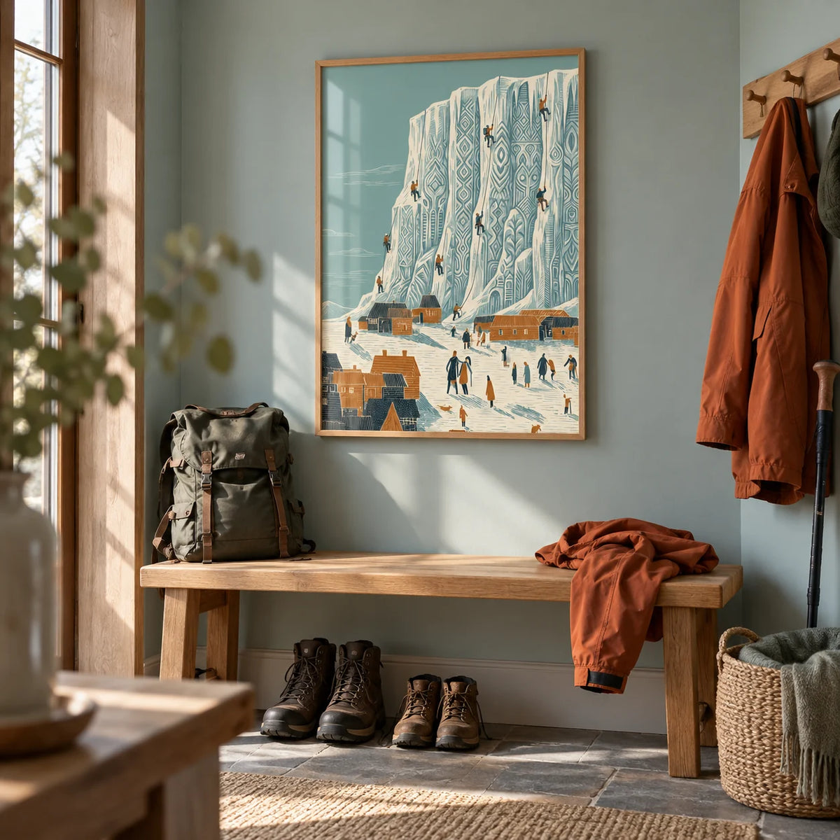 Mountain Climbing Art Print, framed on the wall of an outdoorsy boot room hallway with a pale sage blue wall