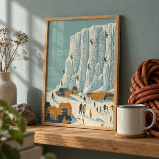 Mountain Climbing Art Print, a small A4 framed print leaning on an oak shelf in a living room