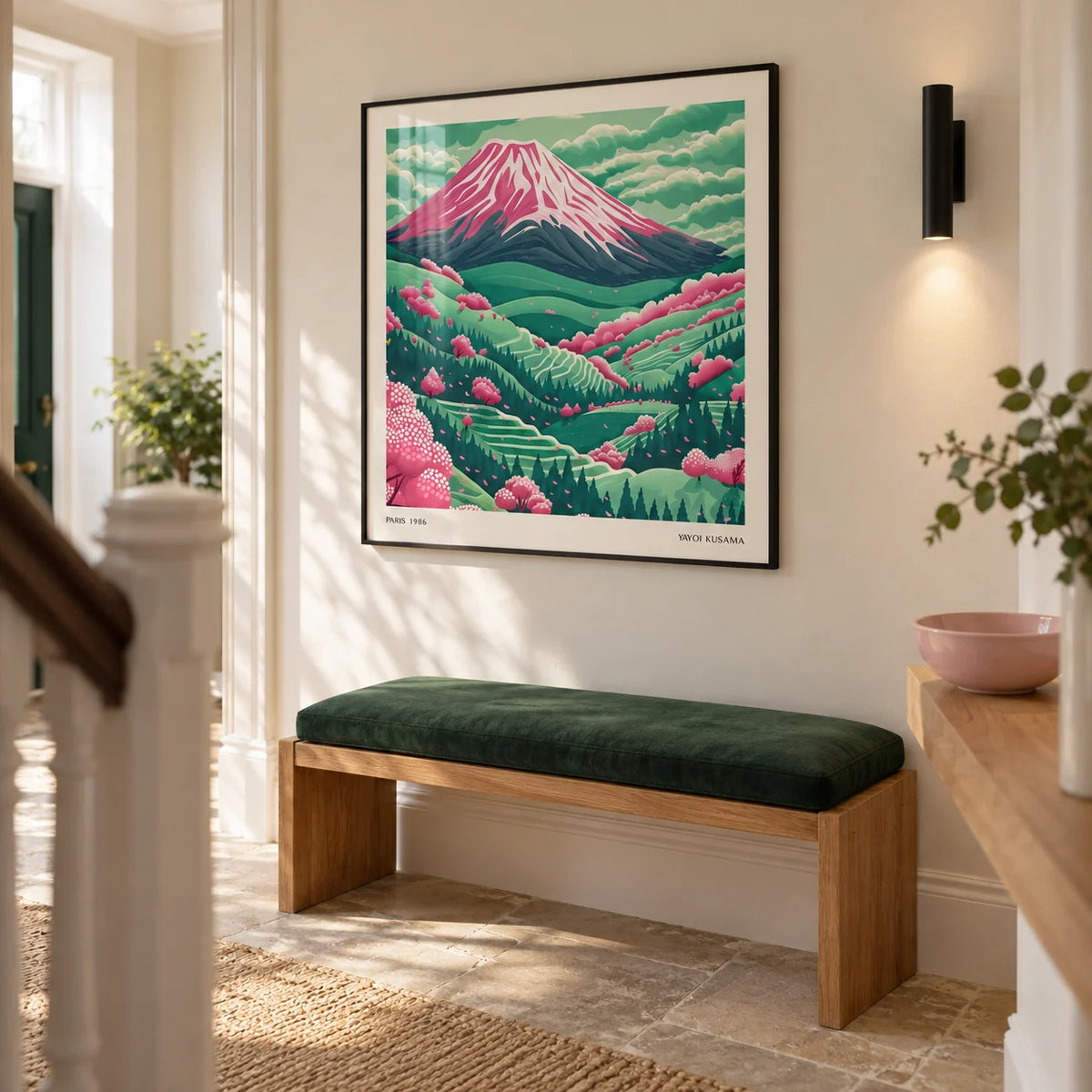 Mountain Landscape Art, framed on the wall of a bright hallway in a renovated UK terrace with pale cream walls and a simple stone floor