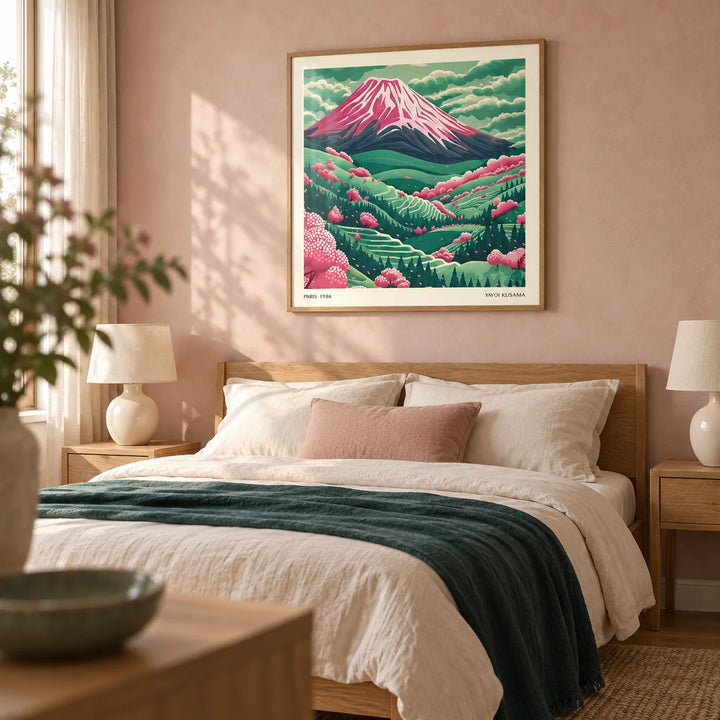 Mountain Landscape Art, framed on the wall of a calm contemporary bedroom with a muted blush plaster wall
