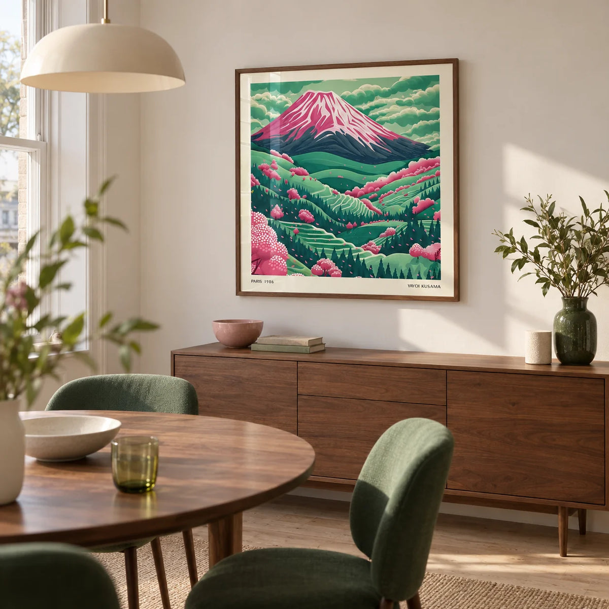Mountain Landscape Art, framed on the wall of a design-led dining room in a UK city flat with warm white walls and a pale timber floor