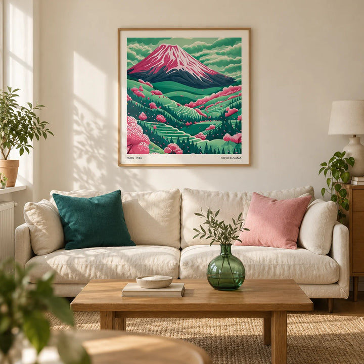 Mountain Landscape Art, framed on the wall of a modern living room in a UK terraced house with warm cream walls and an oak floor