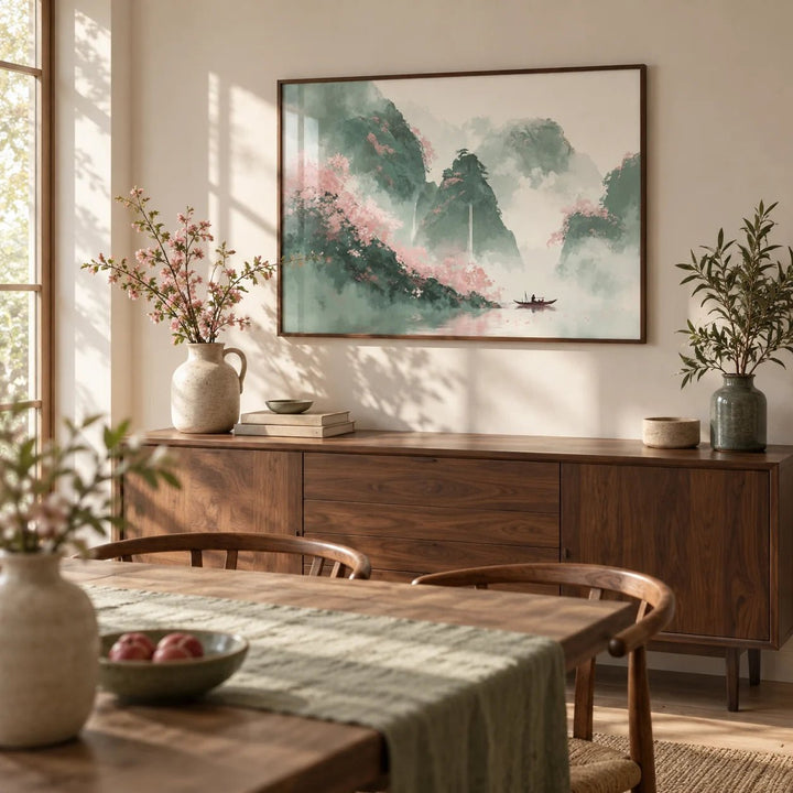 Mountain Landscape Art Print, framed on the wall of a calm dining room