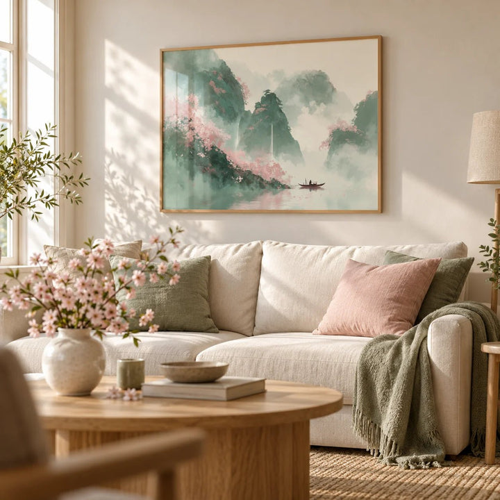 Mountain Landscape Art Print, framed on the wall of a calm living room
