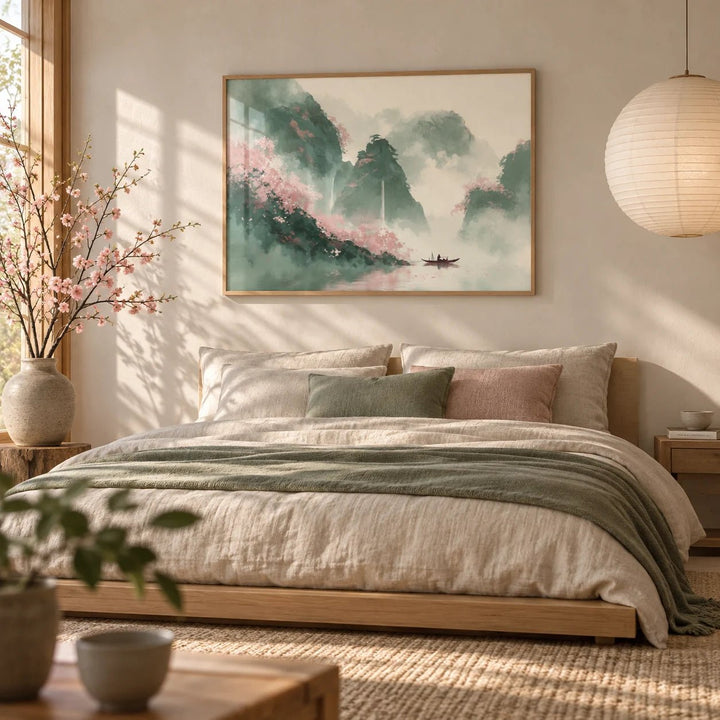 Mountain Landscape Art Print, framed on the wall of a Japandi bedroom