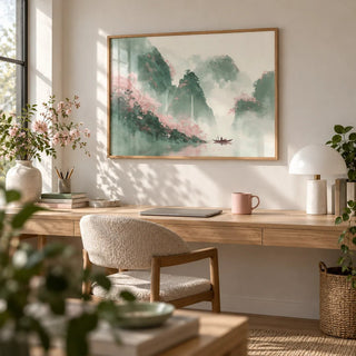 Mountain Landscape Art Print, framed on the wall of a quiet home office