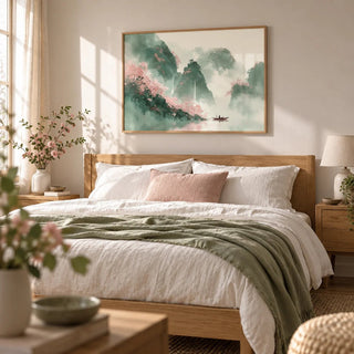 Mountain Landscape Art Print, framed on the wall of a serene bedroom