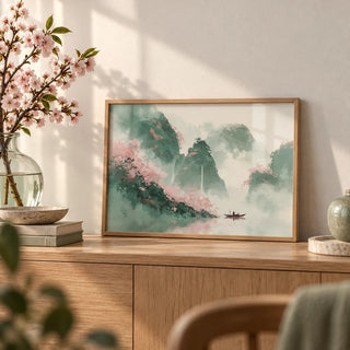 Mountain Landscape Art Print, a small A4 framed print leaning on an oak sideboard in a living room
