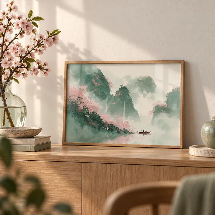 Mountain Landscape Art Print, a small A4 framed print leaning on an oak sideboard in a living room
