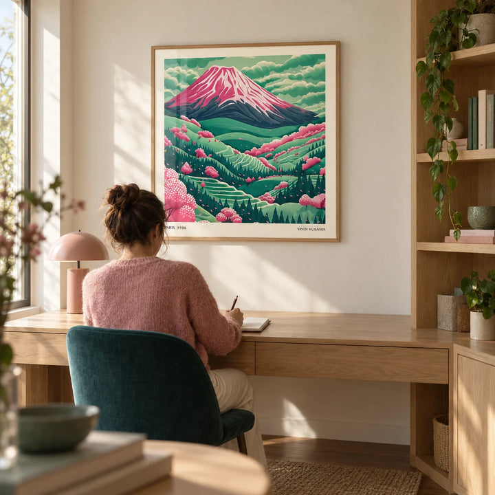Mountain Landscape Art, framed on the wall of a quiet home study with a cream wall and built-in oak shelving