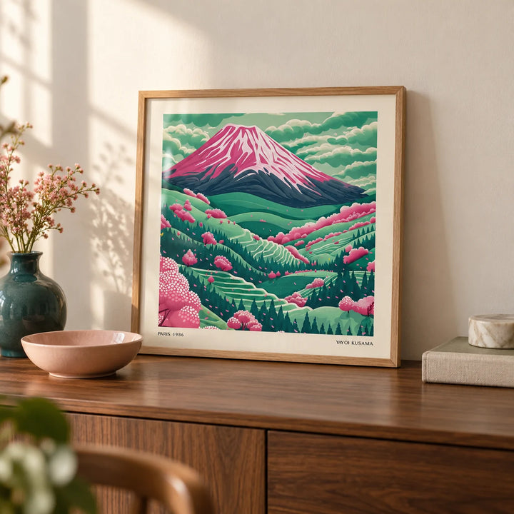 Mountain Landscape Art, a small A4 framed print leaning on a walnut sideboard in a living room