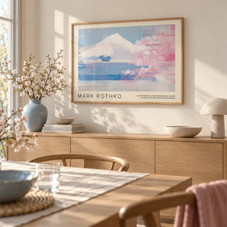 Mountain Landscape Wall Art, framed on the wall of a calm dining room with a soft cream wall
