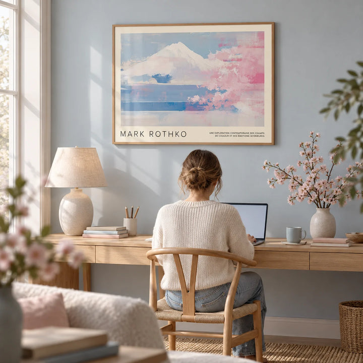 Mountain Landscape Wall Art, framed on the wall of a calm home office with a pale blue-grey wall