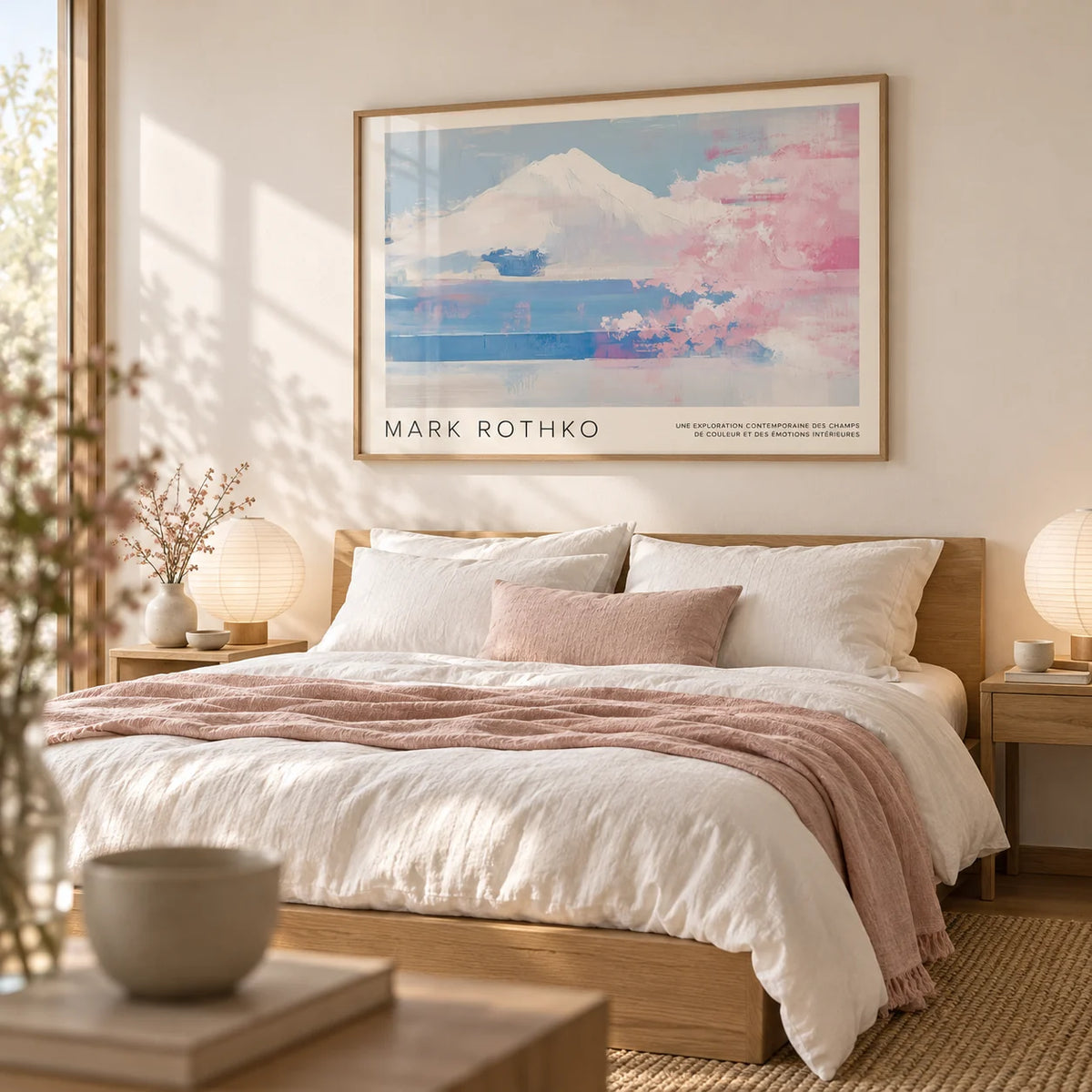 Mountain Landscape Wall Art, framed on the wall of a serene Japandi bedroom with a warm white wall