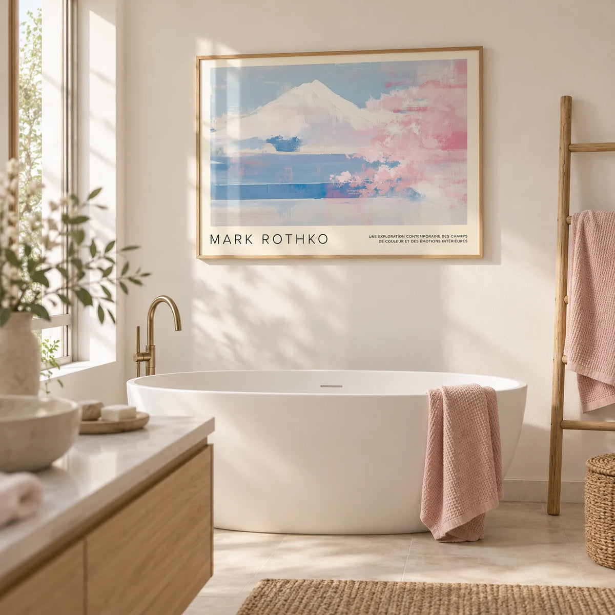 Mountain Landscape Wall Art, framed on the wall of a spa-like bathroom with a soft white wall and a pale oak vanity