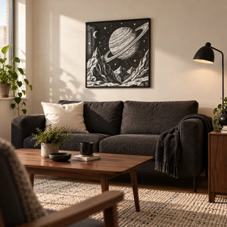 Mountain Space Poster, framed on the wall of a compact modern living room in a young adult's UK first flat (22-30)