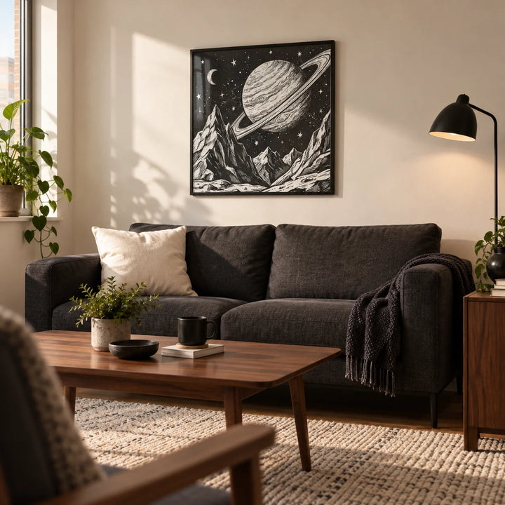 Mountain Space Poster, framed on the wall of a compact modern living room in a young adult's UK first flat (22-30)