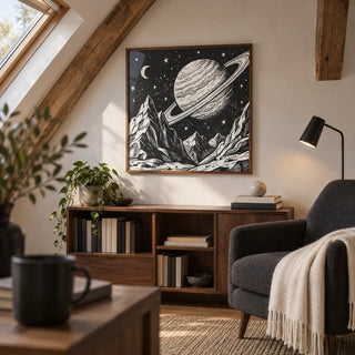 Mountain Space Poster, framed on the wall of a modern attic reading nook in a UK home with a sloping ceiling in a living room