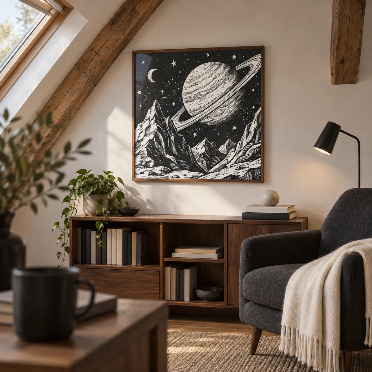 Mountain Space Poster, framed on the wall of a modern attic reading nook in a UK home with a sloping ceiling in a living room