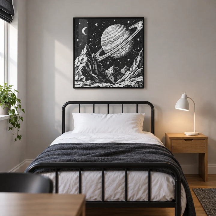 Mountain Space Poster, framed on the wall of a modern teenage bedroom (13-17) in a UK family home with a pale grey wall and oak floor