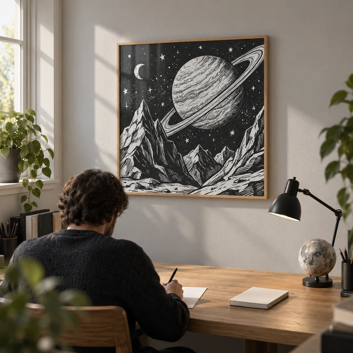 Mountain Space Poster, framed on the wall of a quiet astronomy enthusiast's home study with a pale grey wall and a wide oak desk
