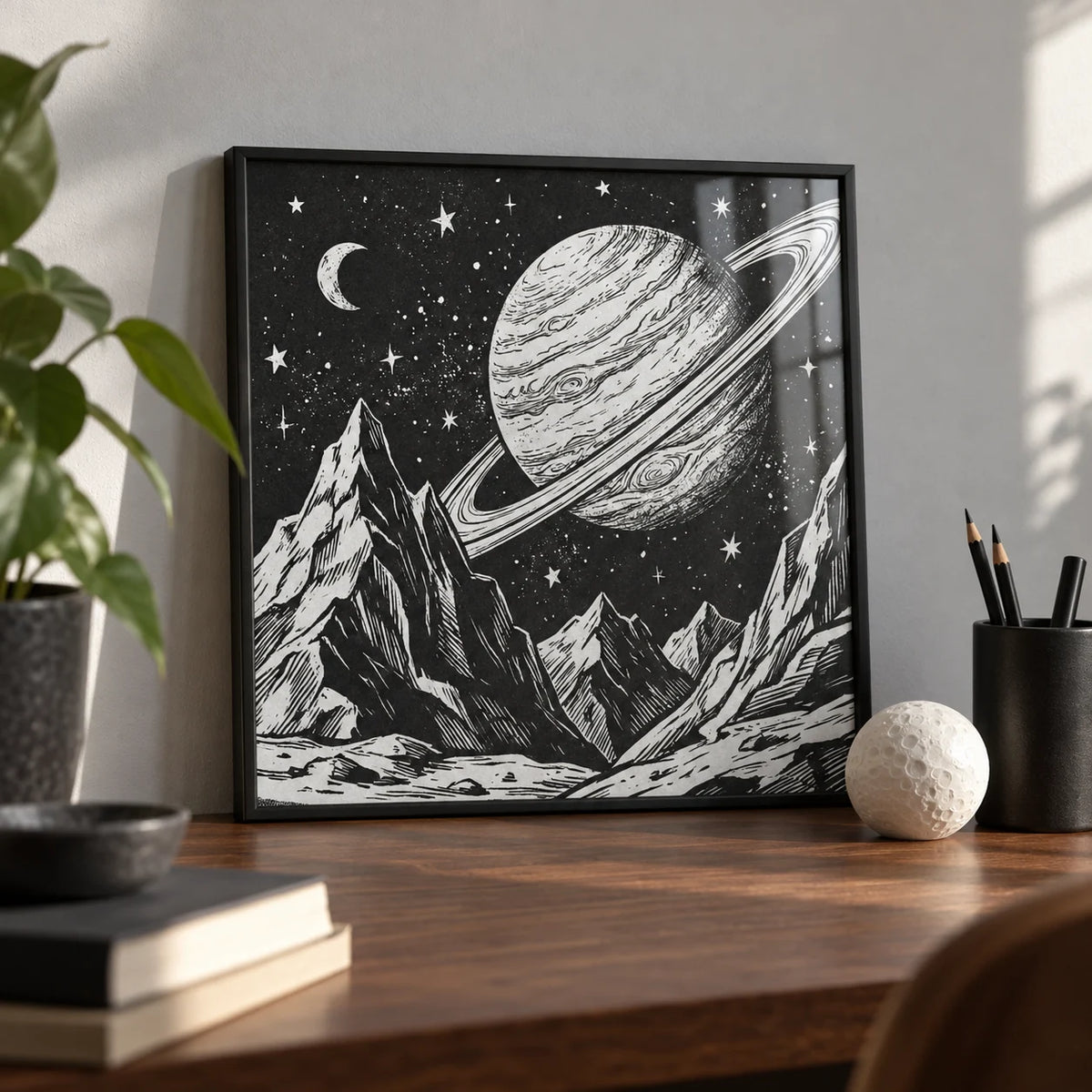 Mountain Space Poster, a small A4 framed print leaning on a walnut desk