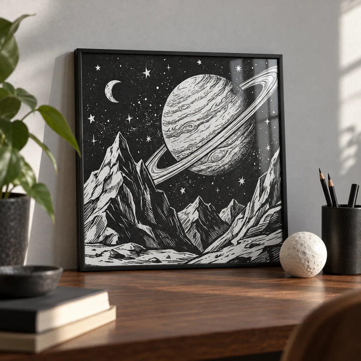 Mountain Space Poster, a small A4 framed print leaning on a walnut desk