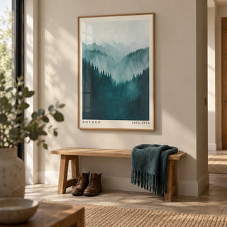 Mountain Wall Art, framed on the wall of a calm hallway with a pale greige wall