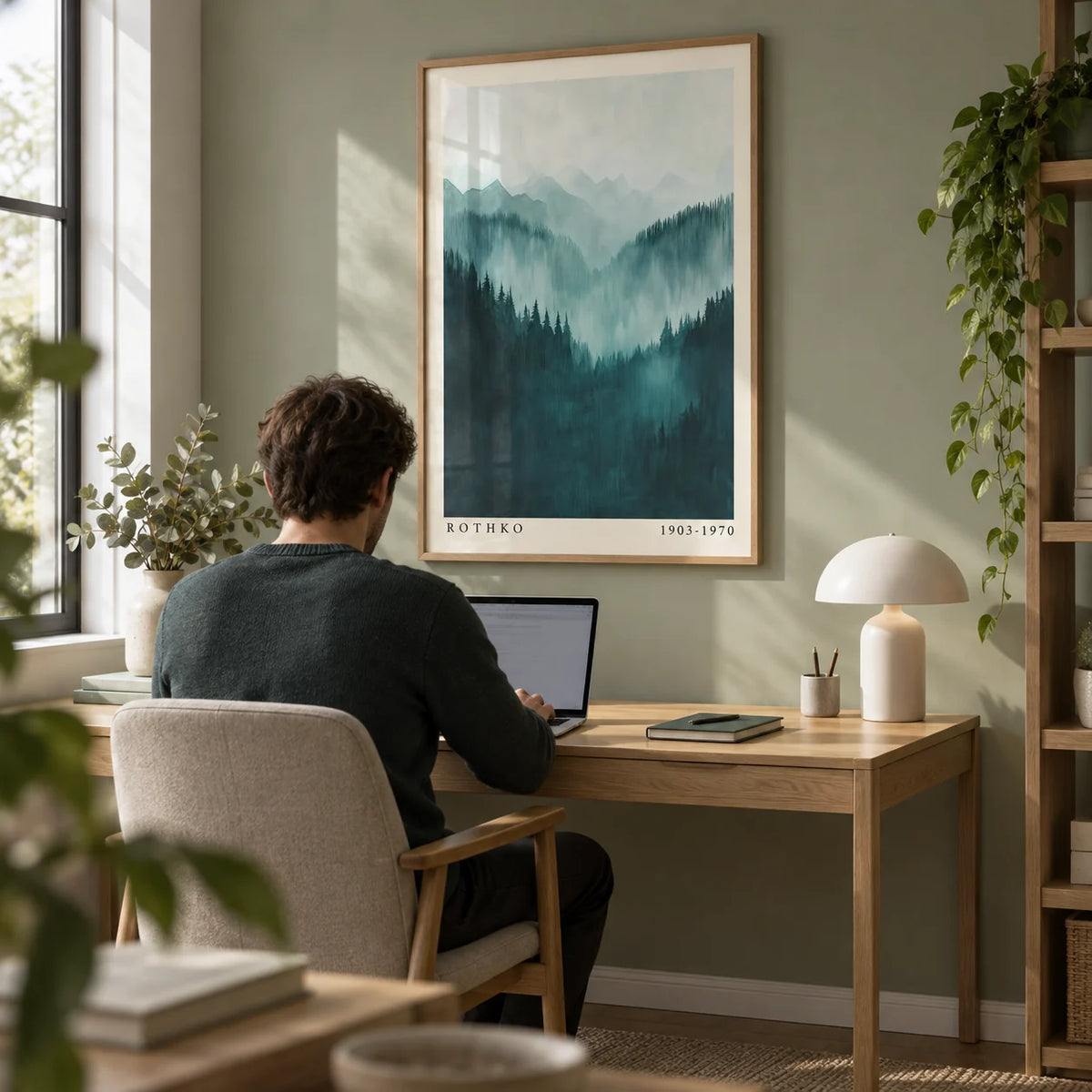 Mountain Wall Art, framed on the wall of a calm home office with a soft sage wall