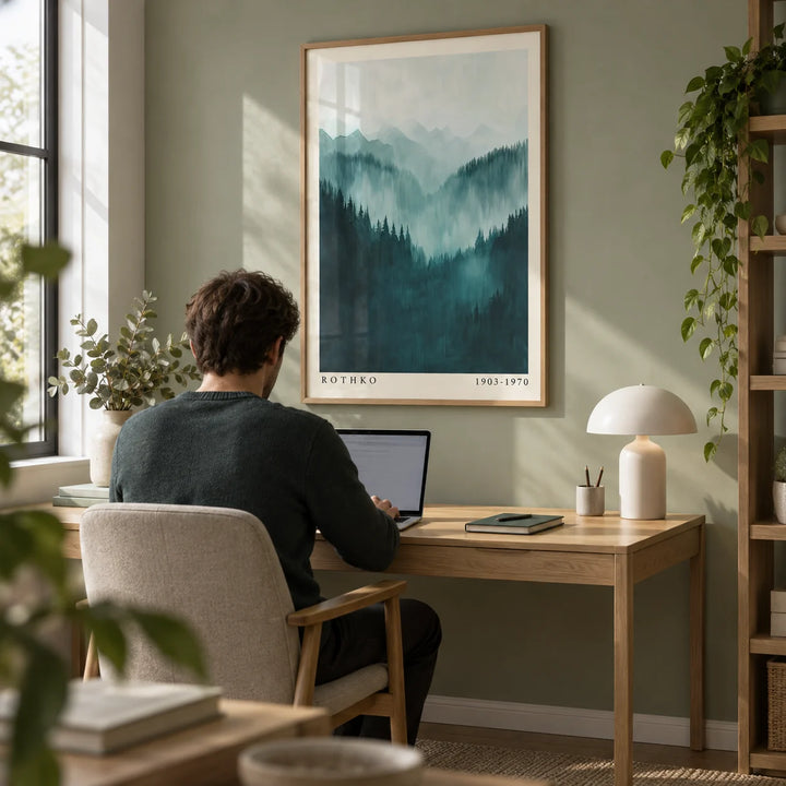 Mountain Wall Art, framed on the wall of a calm home office with a soft sage wall