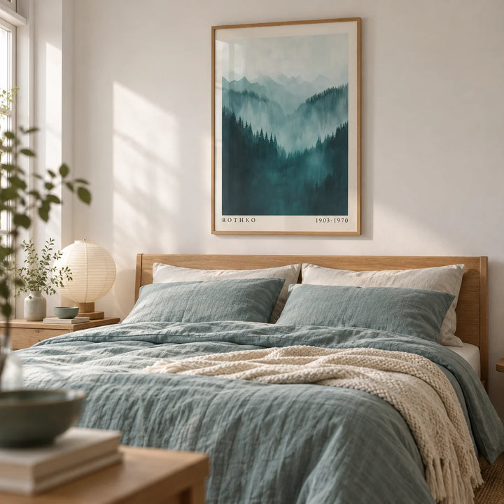Mountain Wall Art, framed on the wall of a calm Scandi bedroom with a soft white wall
