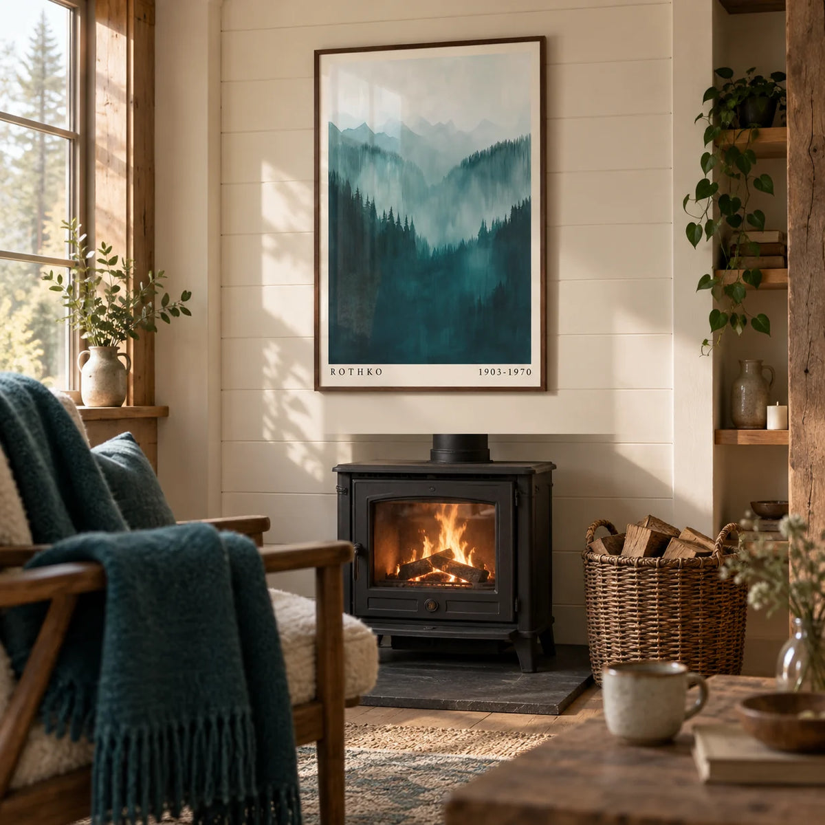 Mountain Wall Art, framed on the wall of a cosy woodland cabin-style living room with warm timber walls painted soft cream