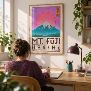 Mt Fuji Art Print, framed on the wall of a bright home study in a design-conscious UK flat with an off-white wall and a wide oak desk