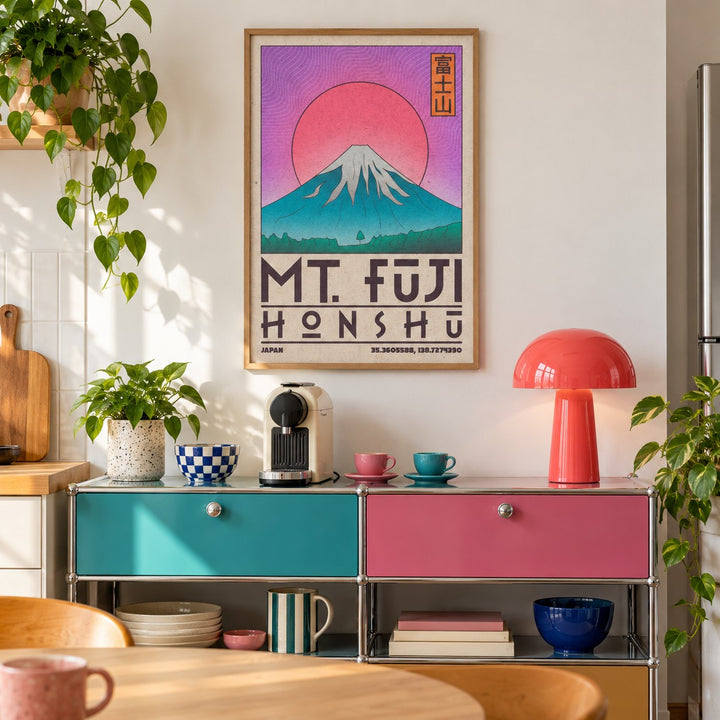 Mt Fuji Art Print shown in a kitchen above a coffee station (frame not included)