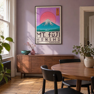 Mt Fuji Art Print, framed on the wall of a compact contemporary dining room in a Victorian terrace with a muted lavender wall and stripped timber floorboards