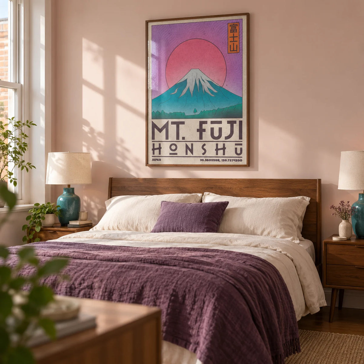 Mt Fuji Art Print, framed on the wall of a crisp modern bedroom for a couple aged 25-40 in a UK terrace with a pale blush wall