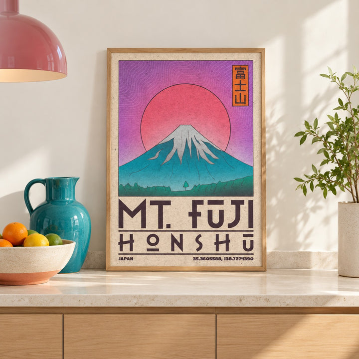 Mt Fuji Art Print shown in a kitchen, leaning on the counter (frame not included)