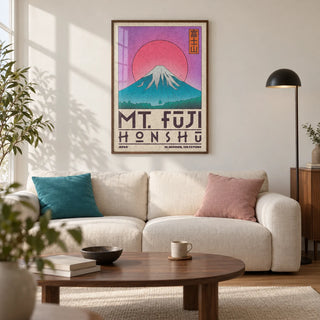 Mt Fuji Art Print, framed on the wall of a modern living room in a UK city flat with warm white walls