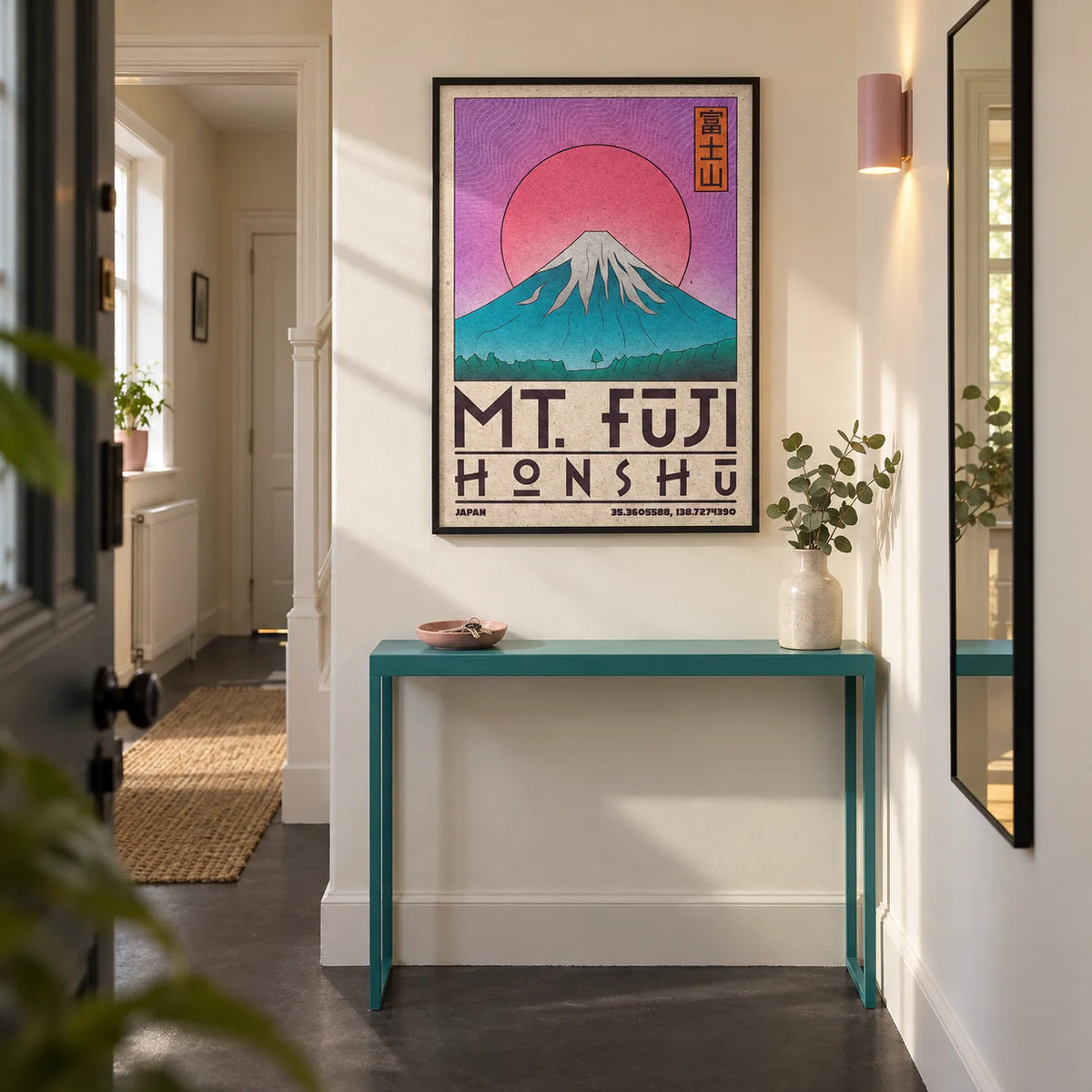 Mt Fuji Art Print, framed on the wall of a narrow entrance hallway in a renovated UK terrace with warm white walls and a plain charcoal floor
