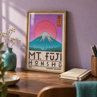 Mt Fuji Art Print, a small A4 framed print leaning on a walnut writing desk