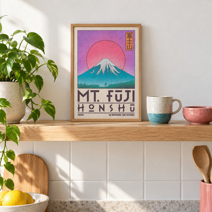 Mt Fuji Art Print shown in the small A4 size on a kitchen shelf (frame not included)