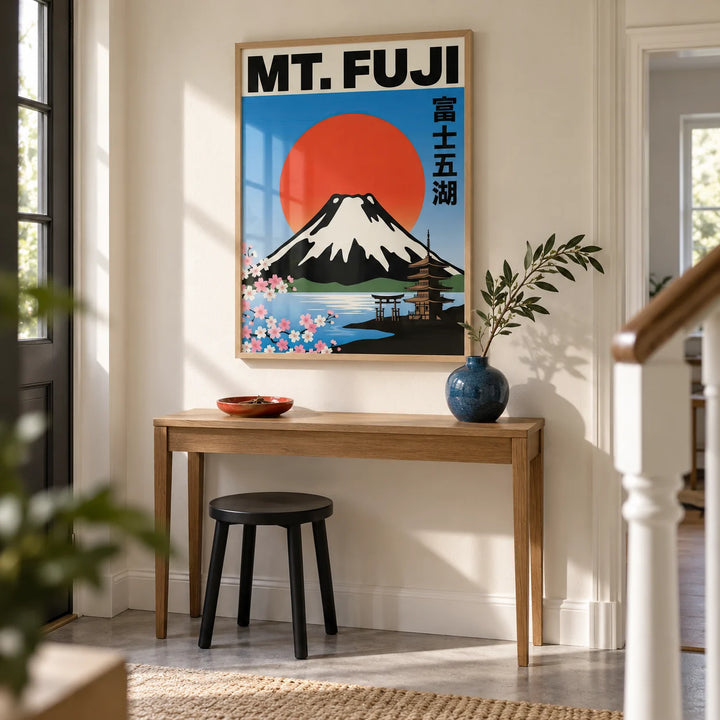 Mt Fuji Wall Art, framed on the wall of a bright hallway in a modern UK townhouse with a cream wall and a simple concrete floor