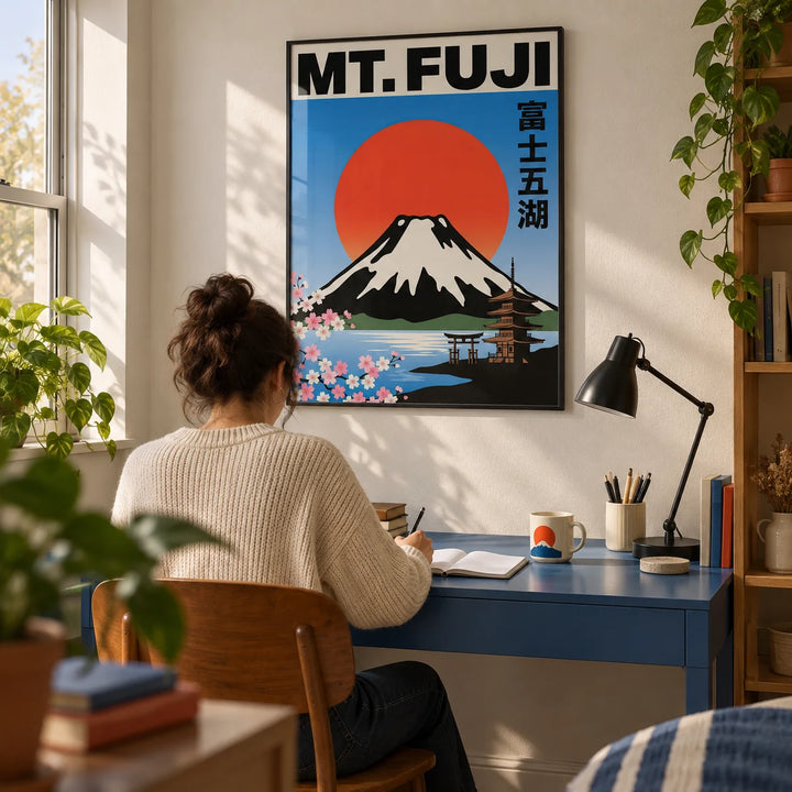 Mt Fuji Wall Art, framed on the wall of a compact study in a design-conscious first flat (22-30) with an off-white wall and a blue painted desk