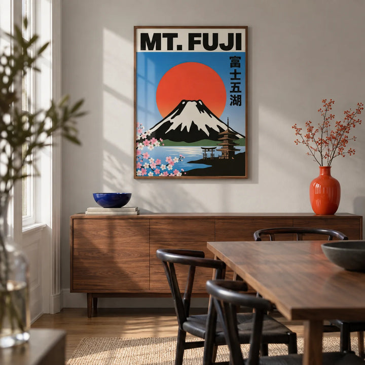 Mt Fuji Wall Art, framed on the wall of a crisp modern dining room in a Victorian terrace with a pale grey wall and walnut furniture