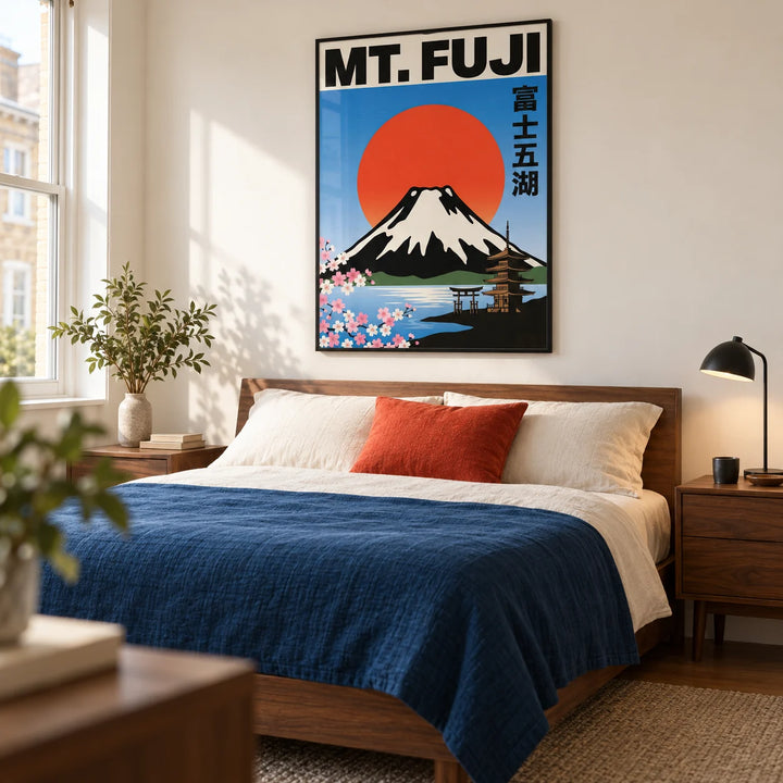 Mt Fuji Wall Art, framed on the wall of a modern bedroom in a UK flat with a warm white wall and walnut bedside furniture