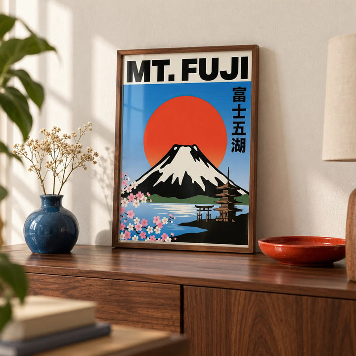 Mt Fuji Wall Art, a small A4 framed print leaning on a walnut sideboard in a living room