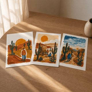 3-piece art bundle with multicolored desert landscapes and silhouettes.