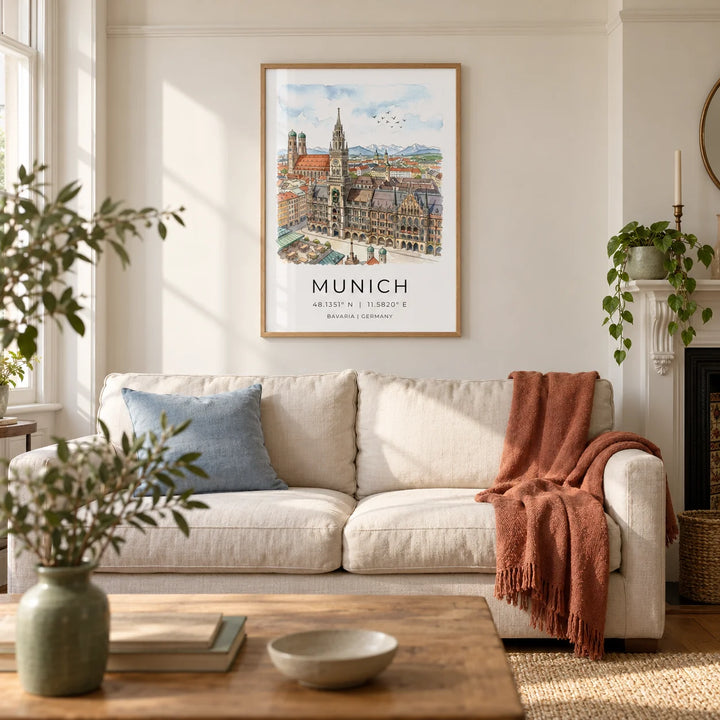 Munich City Wall Art, framed on the wall of a welcoming living room in a UK Victorian terrace with warm white walls