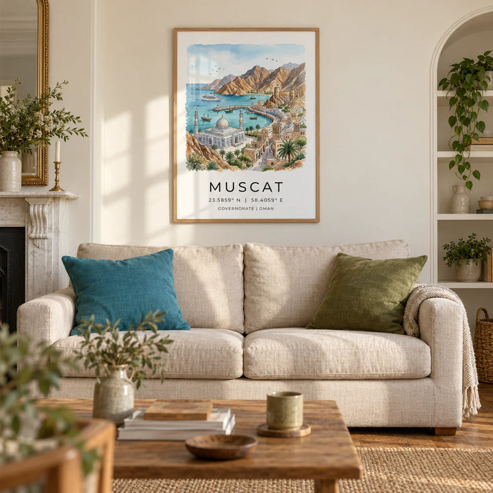 Muscat Art Print, framed on the wall of a warm living room in a UK Victorian terrace with ivory plaster walls