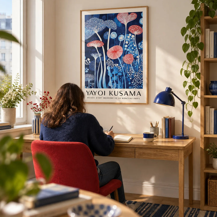 Mushroom Art Print, framed on the wall of a bright home study in a design-conscious UK flat with a warm white wall